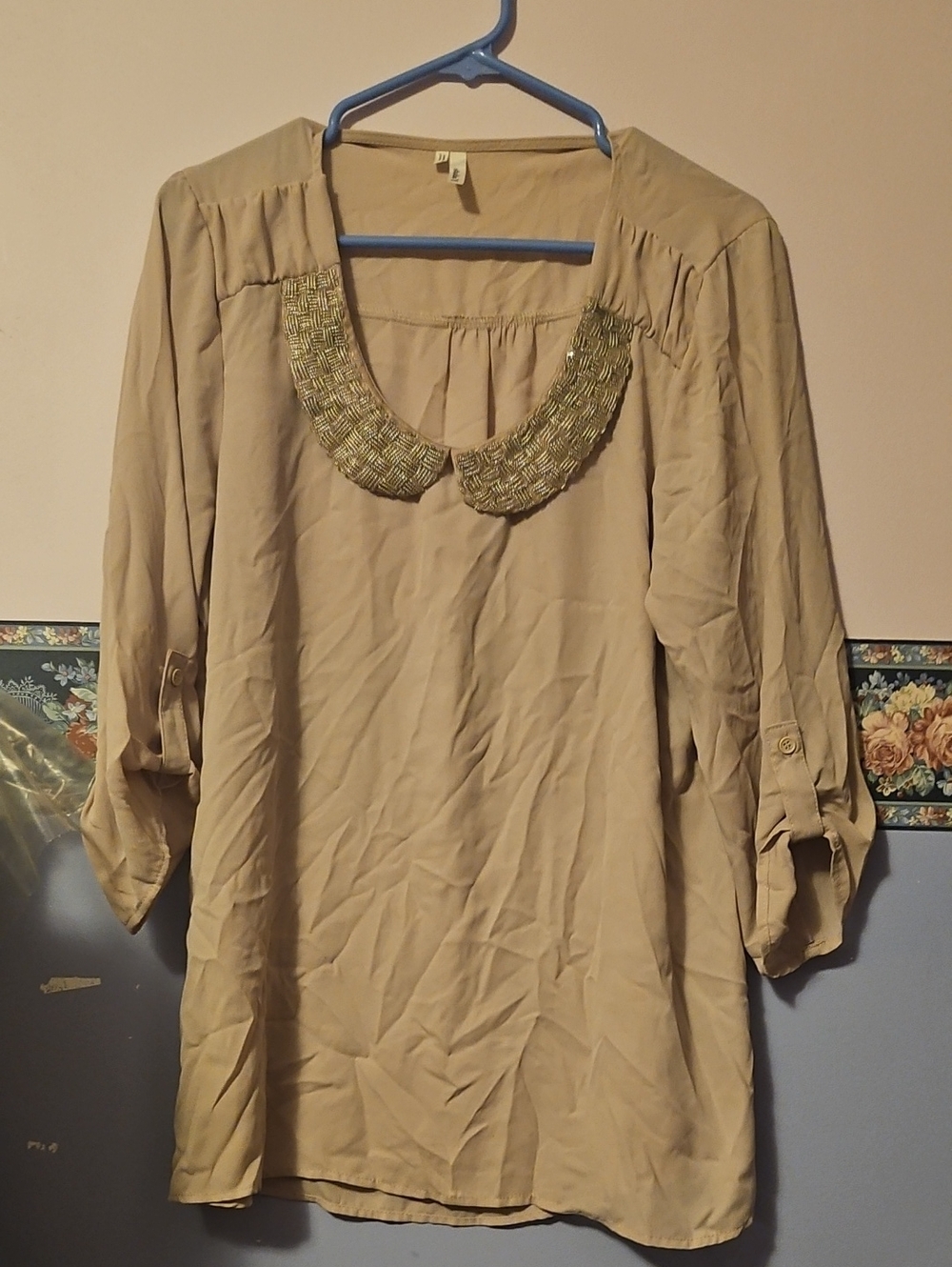 Studio Y Beaded Collar Tunic Top in Tan